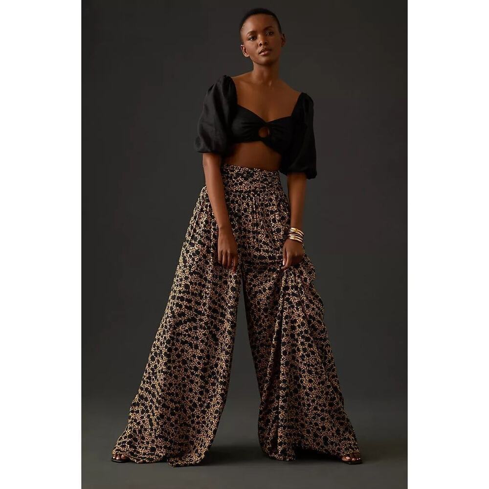 Athropologie High Rise Wide Leg Leopard Animal Print Pant Pockets Sz 14 mobwife